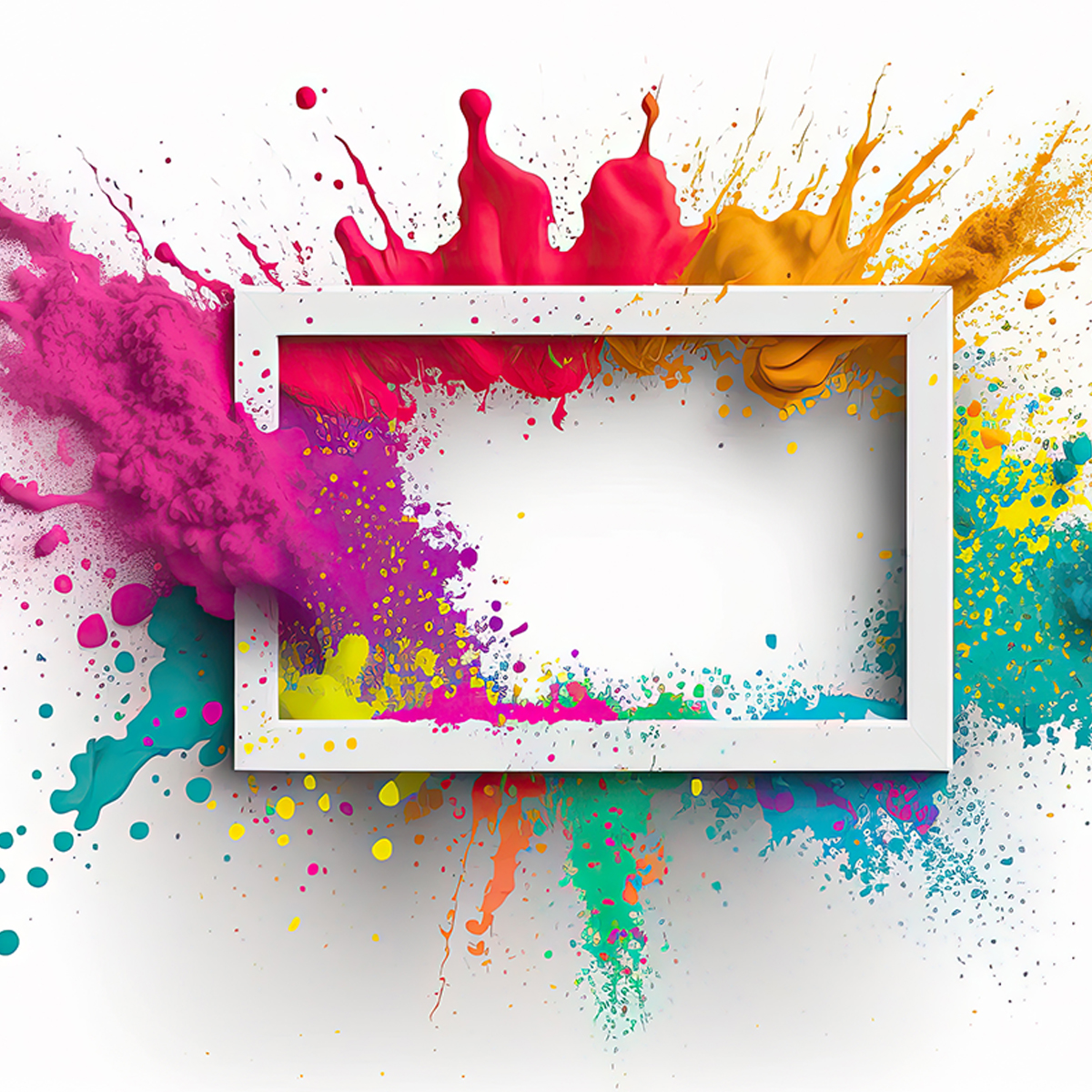 Splashing colorful powder on frame on white background. AI generative.